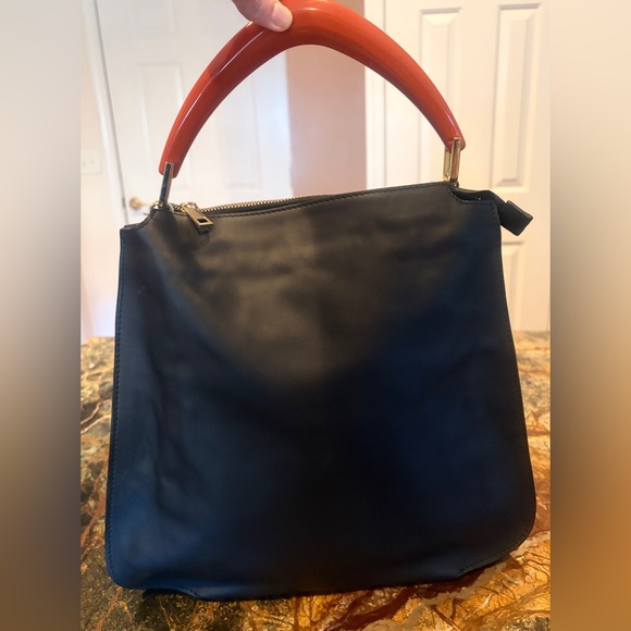 NWOT Made in Italy Black Leather Acetate Handled Satchel Top Handled Bag Purse - Picture 3 of 11